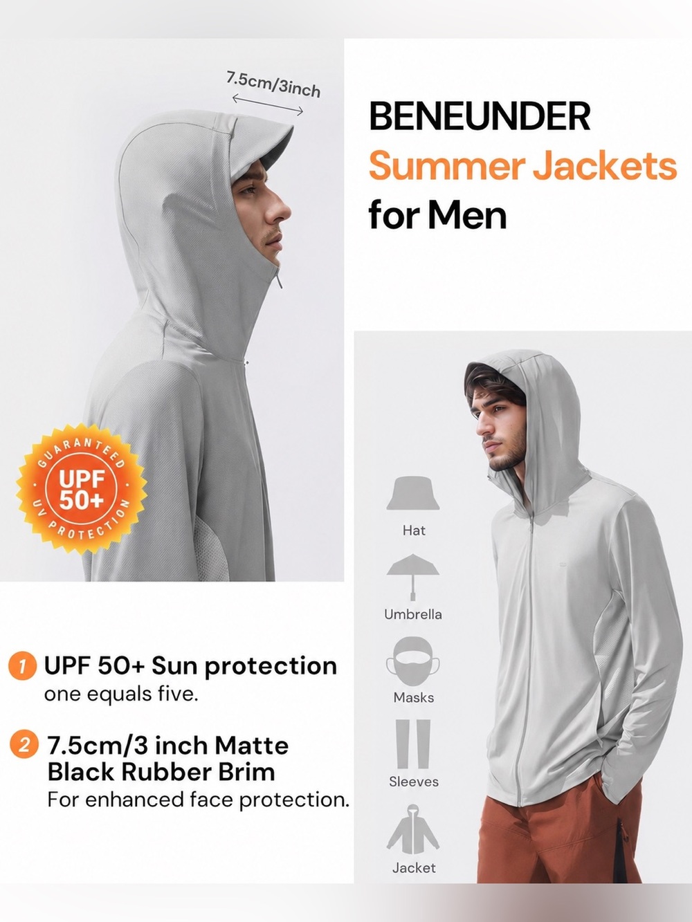 BENEUNDER UPF 50+ Sun Protection Lightweight Hoodie Jacket